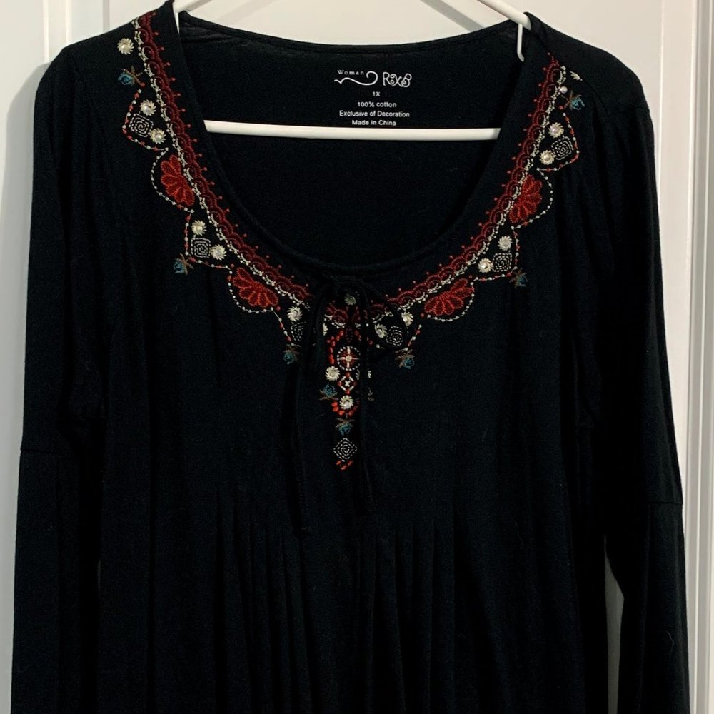 Black Long Sleeve Embroidered Top Size 1X
